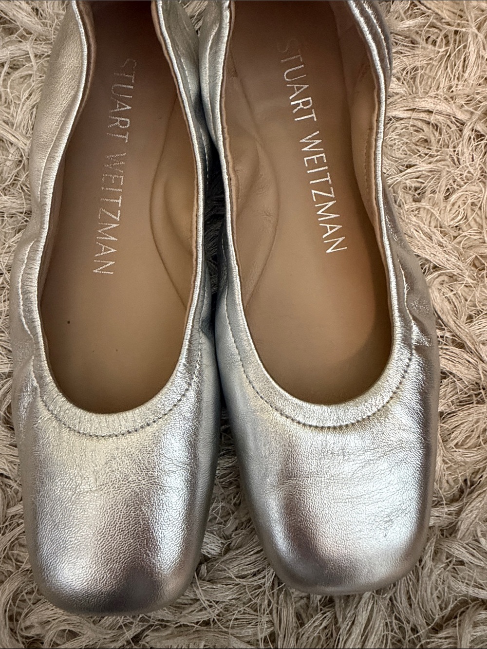 Stuart Weitzman Silver Metallic Leather Square Toe Ballet Flats Made in Spain 7 - Picture 3 of 7